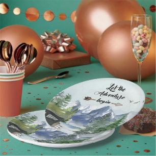 Journey Begin Rustic Mountain Watercolor Paper Plate