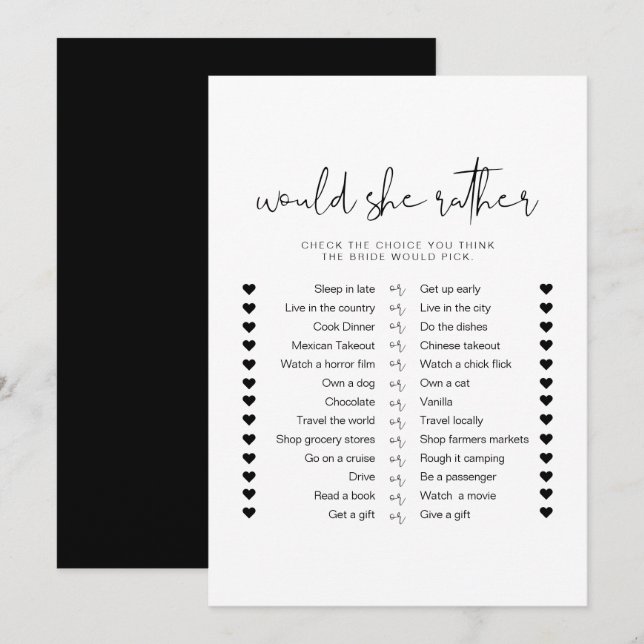 JOVI Black Modern Would She Rather Bridal Game Invitation (Front/Back)