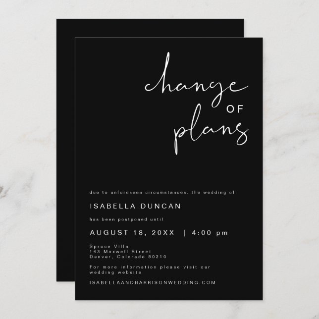 JOVI Edgy Black Modern Wedding Change of Plans Invitation (Front/Back)