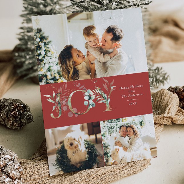 JOY 3 Photo Red and Gold Elegant Holiday Card (Creator Uploaded)
