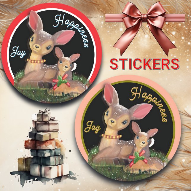 Joy And Happiness Reindeers Christmas Classic Round Sticker (Creator Uploaded)
