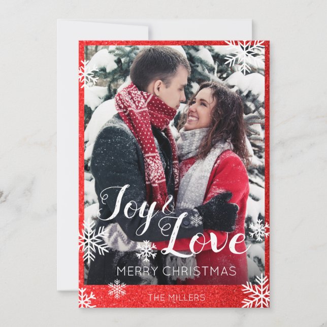 Joy and Love Red Glitter Snowflakes Christmas Card (Front)