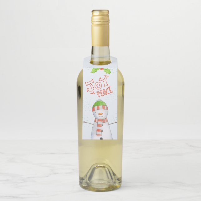 Joy and Peace | Cute Christmas Snowman Bottle Tag (On Bottle)