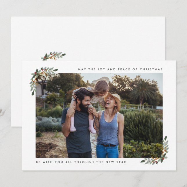 Joy and Peace Family Photo Modern Christmas  Holiday Card (Front/Back)