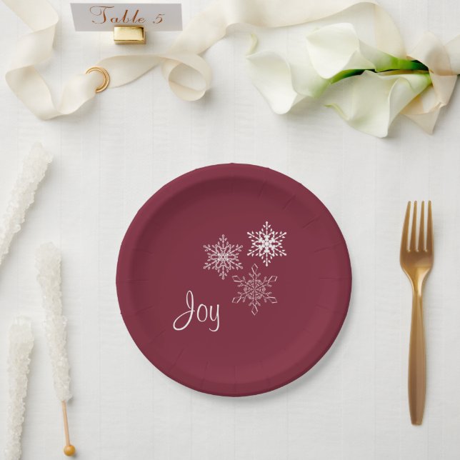 Joy and Three Snowflakes Minimal Red and White Paper Plate (Wedding)