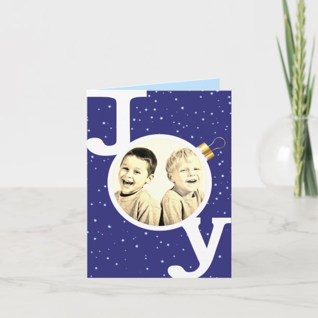 Joy bauble text dark blue sky Christmas Holiday Card (Front)