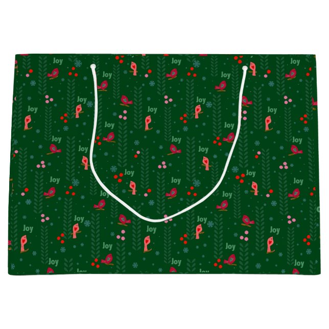 Joy birds Christmas green Large Gift Bag (Front)