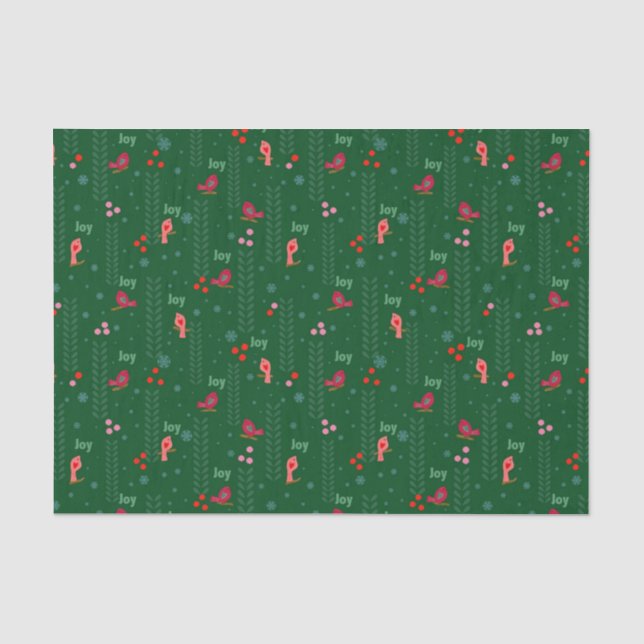 Joy birds Christmas green Tissue Paper (Front)