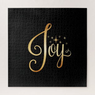 “Joy” Black Gold Script Elegant Holiday Fun Family Jigsaw Puzzle
