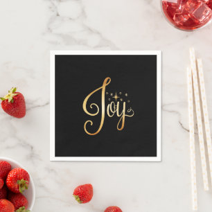 “Joy” Black Gold Script Elegant Holiday Napkin