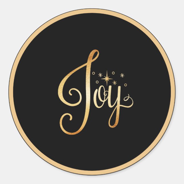 “Joy” Black Gold Script Elegant Holiday Seasonal Classic Round Sticker (Front)