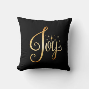 “Joy” Black Gold Script Elegant Holiday Seasonal Cushion