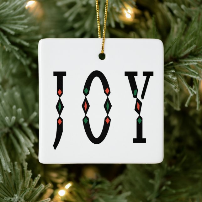 Joy  black red green minimalistic typography  ceramic ornament (Tree)