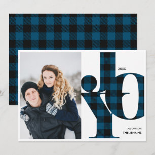 Joy   Blue Buffalo Plaid Photo Holiday Invitation