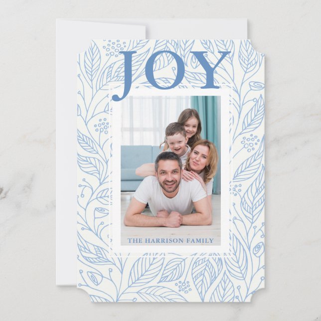 Joy Blue White Floral Personalised Photo Holiday Card (Front)