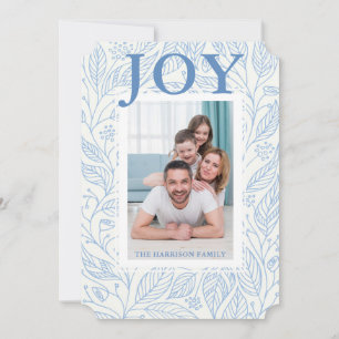 Joy Blue White Floral Personalised Photo Holiday Card