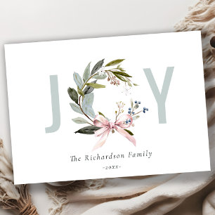 Joy Blush Blue Green Winter Christmas Wreath Holiday Card