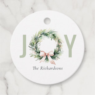 Joy Blush Green Christmas Wreath Watercolor Favour Tags
