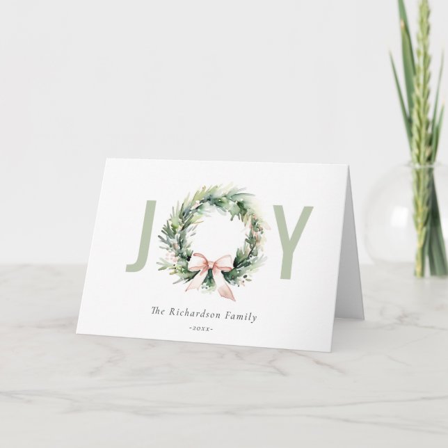 Joy Blush Green Christmas Wreath Watercolor Holiday Card (Front)
