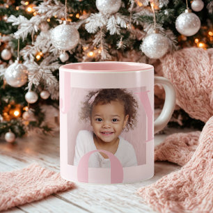 JOY Blush Pink Christmas Personalised Photo Two-Tone Coffee Mug