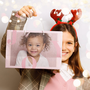 JOY Blush Pink Modern Christmas Personalized Large Gift Bag