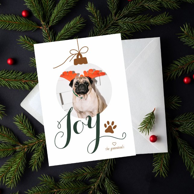 Joy Boho Pet Photo Ornament Holiday Card (Creator Uploaded)