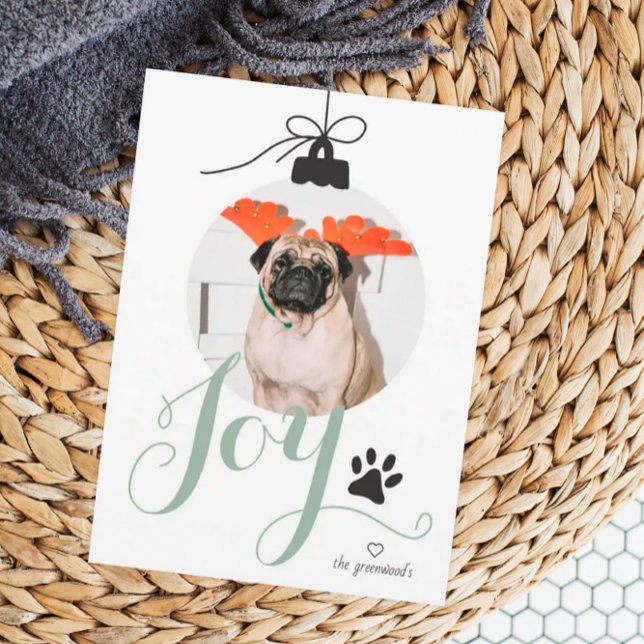 Joy Boho Pet Photo Ornament Holiday Card (Creator Uploaded)