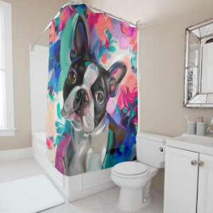 'Joy' Boston Terrier colourful shower curtain