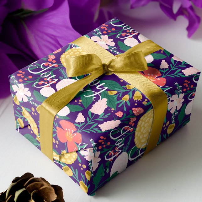 Joy Botanical Floral Festive Garden Pattern Purple Wrapping Paper (Joy Botanical Floral Festive Garden Pattern Purple Wrapping Paper)
