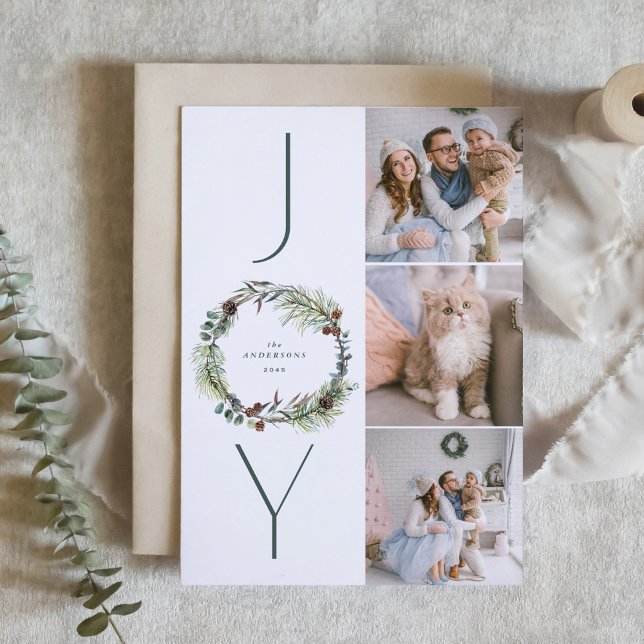 JOY Botanical Pine Wreath Photo Collage Christmas  Holiday Card (Creator Uploaded)