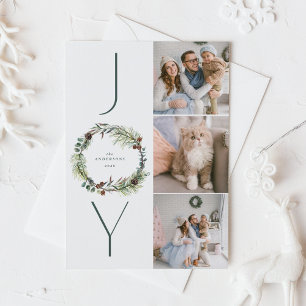 JOY Botanical Pine Wreath Photo Collage Christmas  Holiday Postcard