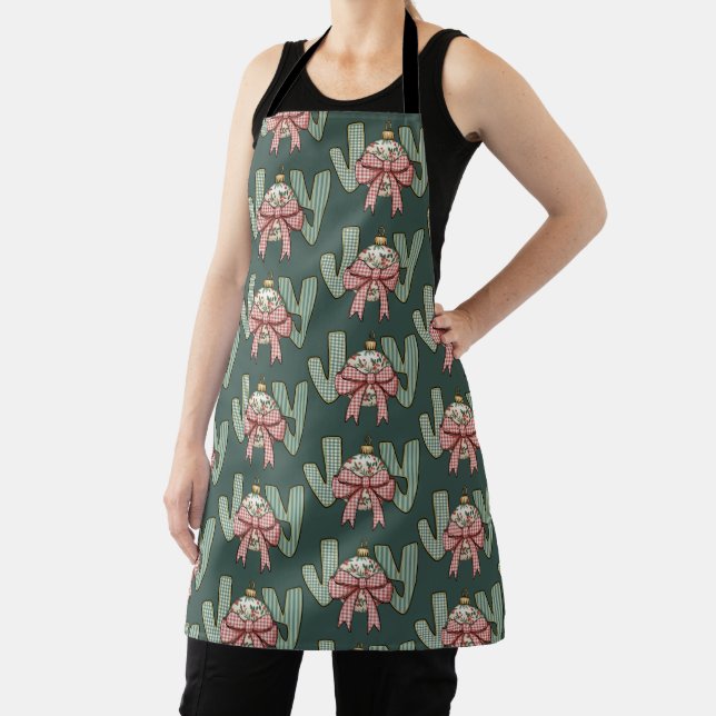 Joy Bow and Ornament Preppy Christmas Holiday Apron (Insitu)