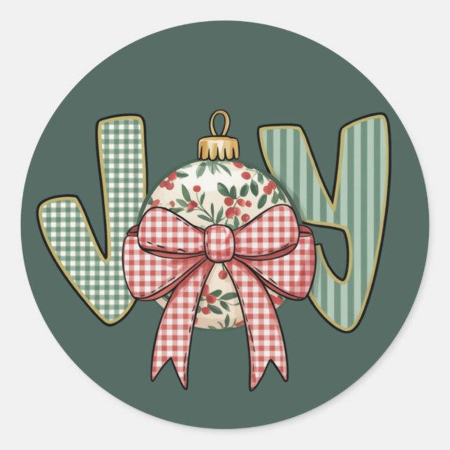 Joy Bow and Ornament Preppy Christmas Holiday Classic Round Sticker (Front)