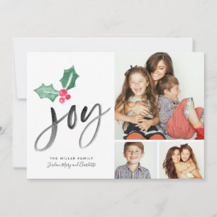 Joy Brush Script Holiday   Christmas 3-Photo Card
