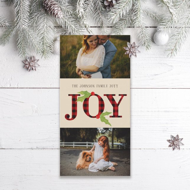 Joy Buffalo Check Rustic Plaid Christmas 2 Photo Holiday Card (Creator Uploaded)
