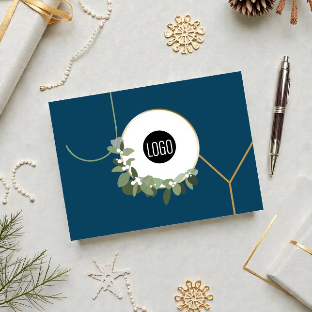 Joy Business Logo Happy Holidays Blue Holiday Card (Professional blue modern wreath holiday JOY business holiday JOY card.)