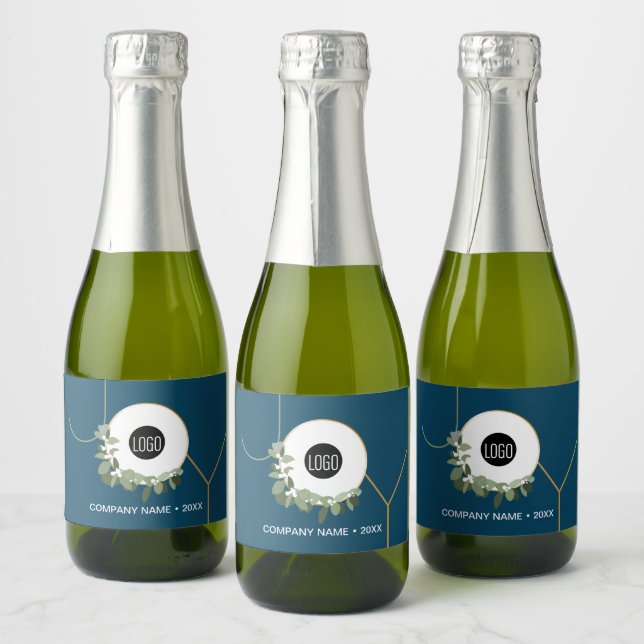 Joy Business Logo Happy Holidays Blue Sparkling Wine Label (Bottles)