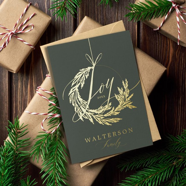 Joy Calligraphy Garland Wreath Family Photo  (Joy Calligraphy Garland Wreath Family Photo Foil Holiday Card)