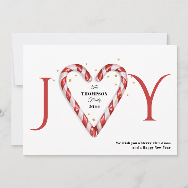 Joy Candy Cane Heart & Stars Minimalist Christmas Holiday Card (Front)