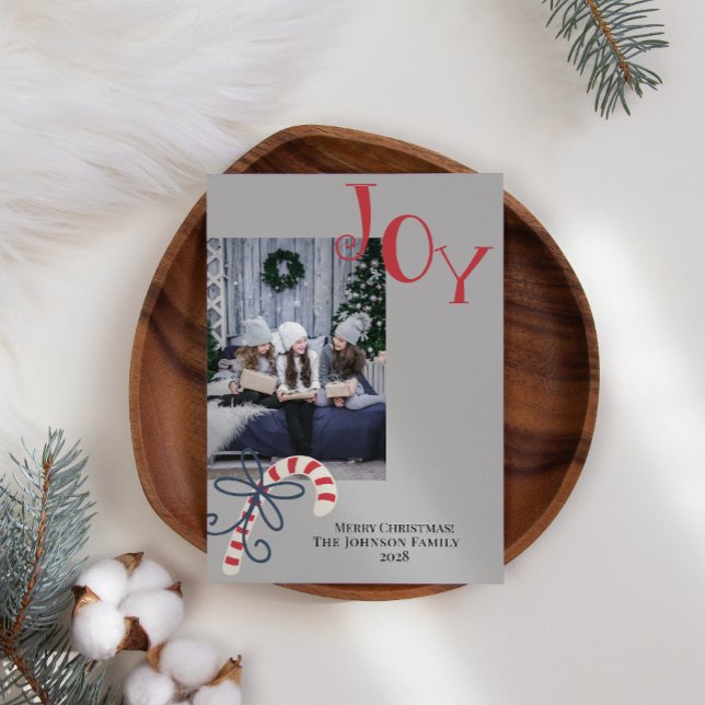 Joy Candy Cane Modern Add Your Own Photo Christmas Holiday Card (Creator Uploaded)