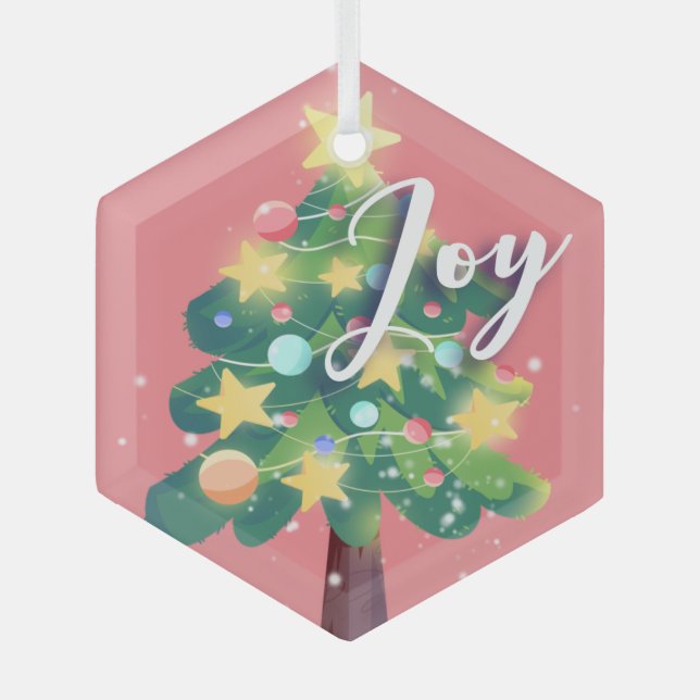 Joy Carton Christmas Tree Pink  Glass Ornament (Front)