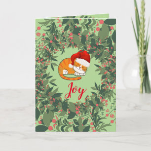Joy Cat Holidays Wreath Leaves Pink Green Red Card