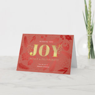 JOY Chic Red Floral Pattern Business Holiday Card