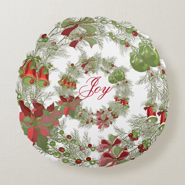 Joy Chistmas Wreath Round Throw Pillow (Front)