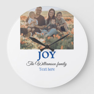 Joy christmas add family name photo holiday giftts large clock