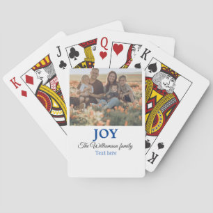 Joy christmas add family name photo holiday giftts playing cards