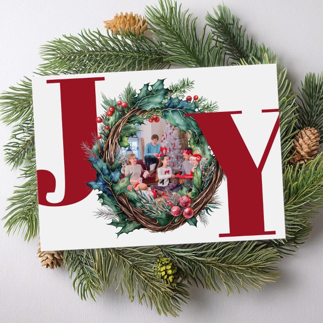 Joy Christmas Botanical Wreath Frame Photo Holiday Card (Creator Uploaded)