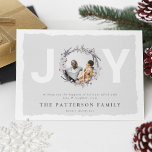 'JOY' Christmas Botanical Wreath Photo Holiday Card<br><div class="desc">Modern watercolor photo christmas holiday card. Featuring a chic background with white typography 'JOY' including a rustic watercolour botanical winter painted wreath framing a picture of your choice,  a personalized message,  your family name and the year.</div>