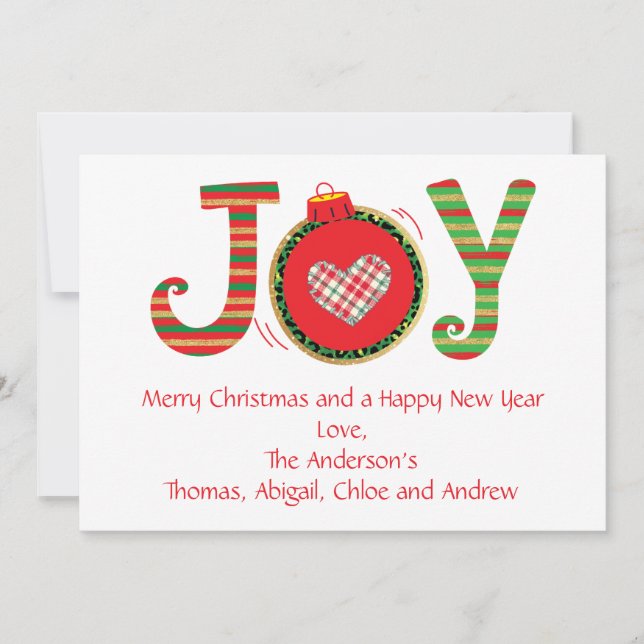 Joy Christmas Card, Red Green Gold Personalise (Front)