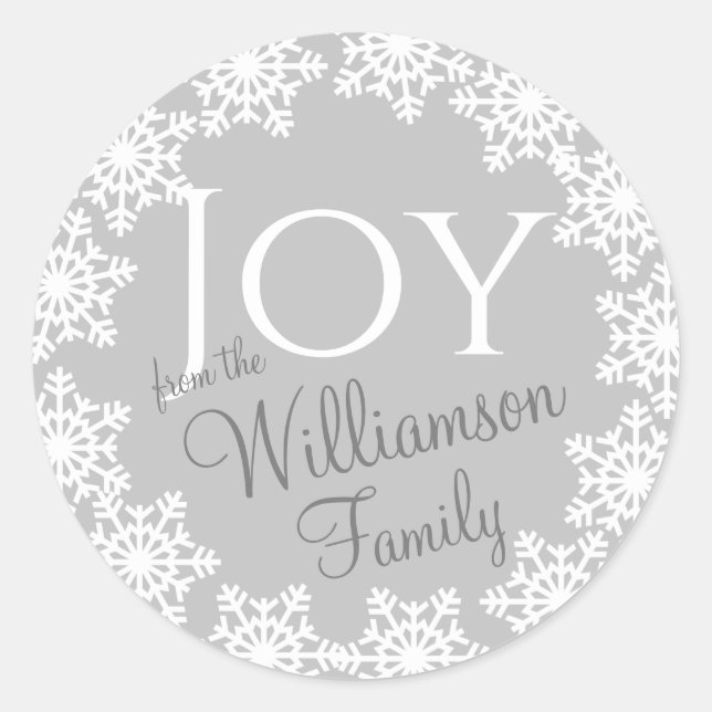 JOY Christmas Family Silver Grey White Snowflake Classic Round Sticker (Front)